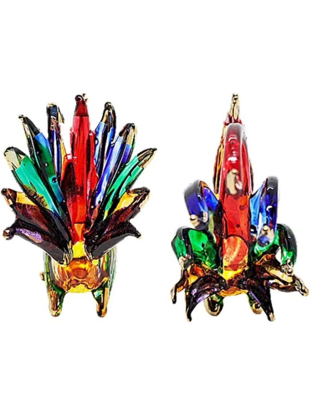 Mini Rainbow Chicken Family Figurine Set - 5 Hand Blown Glass Birds, Colorful
